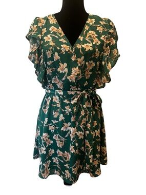 Rokoko Green Floral Wrap Dress Small V Neck Ruffle Sleeve Boho Spring Summer